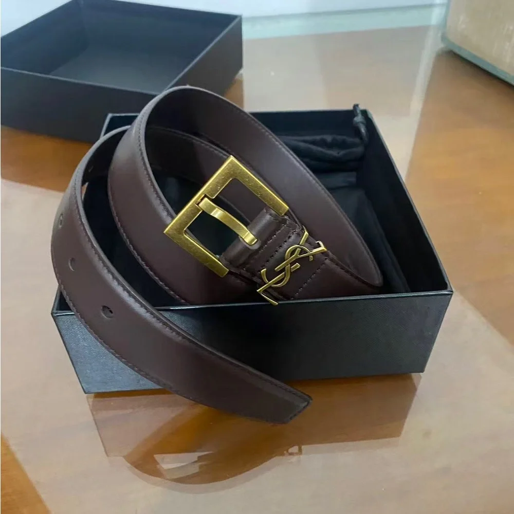 Saint Laurent YSL Brown Leather Belt 85CM – Iconic Gold Logo